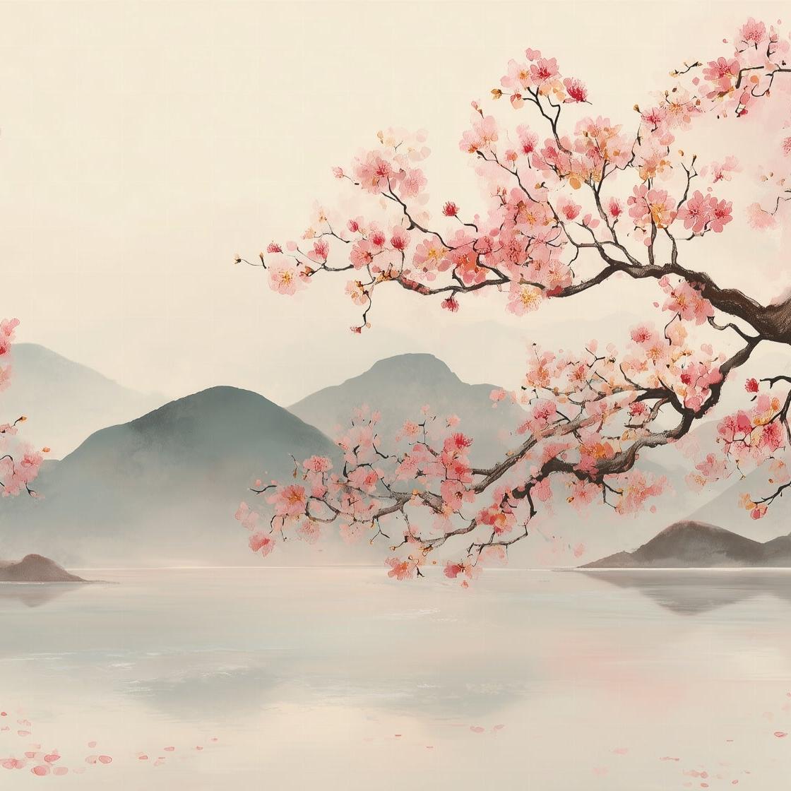 Papier peint paysage japonais cerisiers