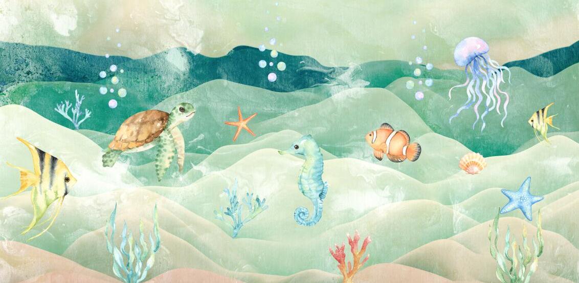Papier peint chambre bébé poissons et fond marin