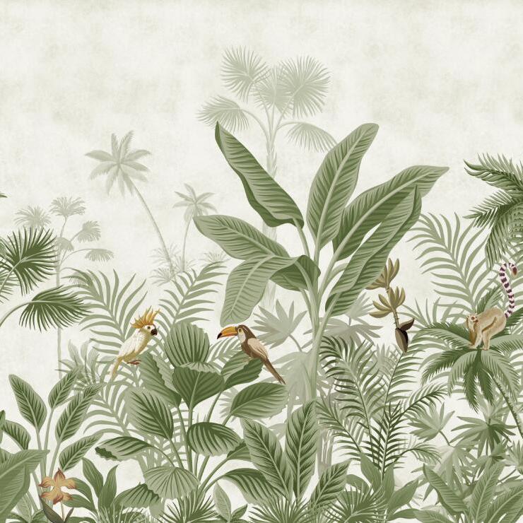 Papier peint jungle exotique bananier perroquet singe