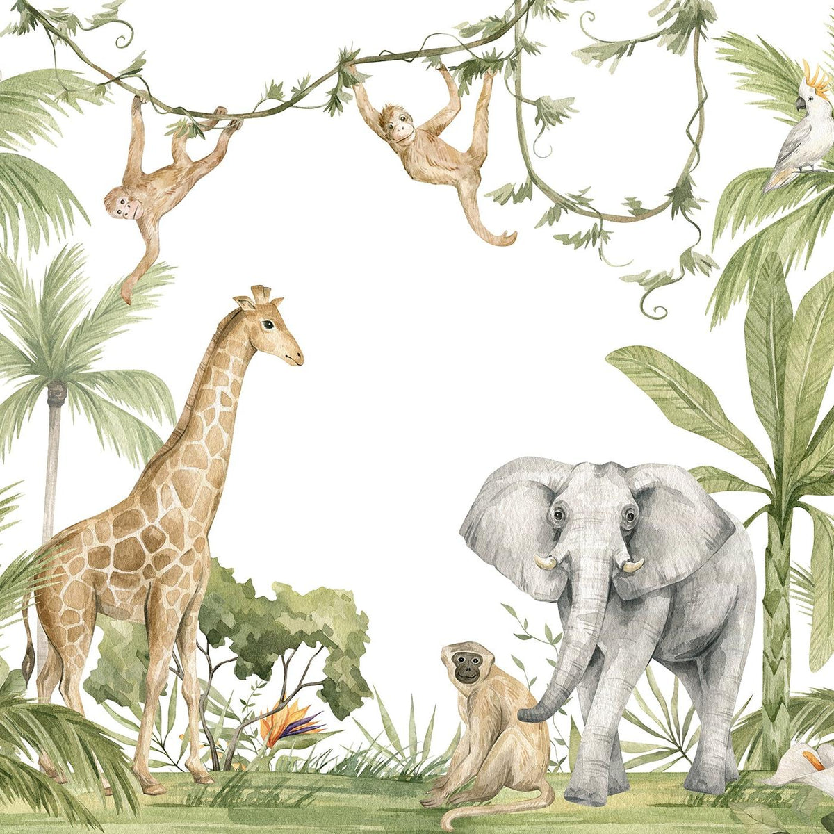 Papier peint jungle enfant girafe et éléphant