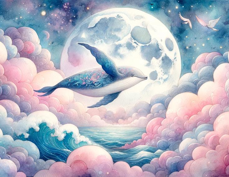 Papier peint baleine nuage rose et pleine lune