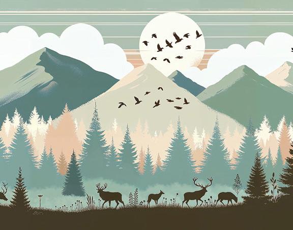 Papier peint montagne bébé sapins et pleine lune