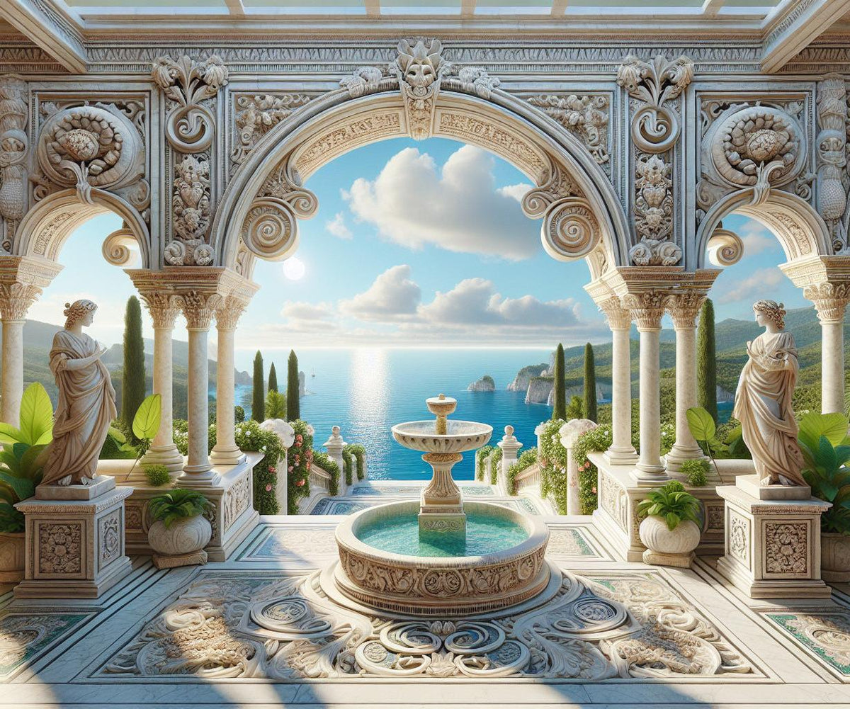 Papier peint trompe-l'œil fontaine méditerranéenne