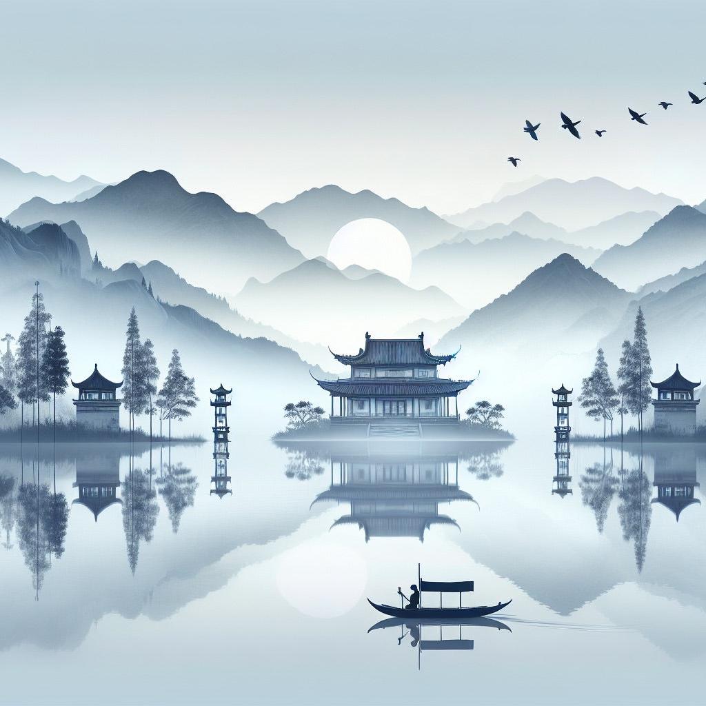 Papier peint zen lever de soleil et temple