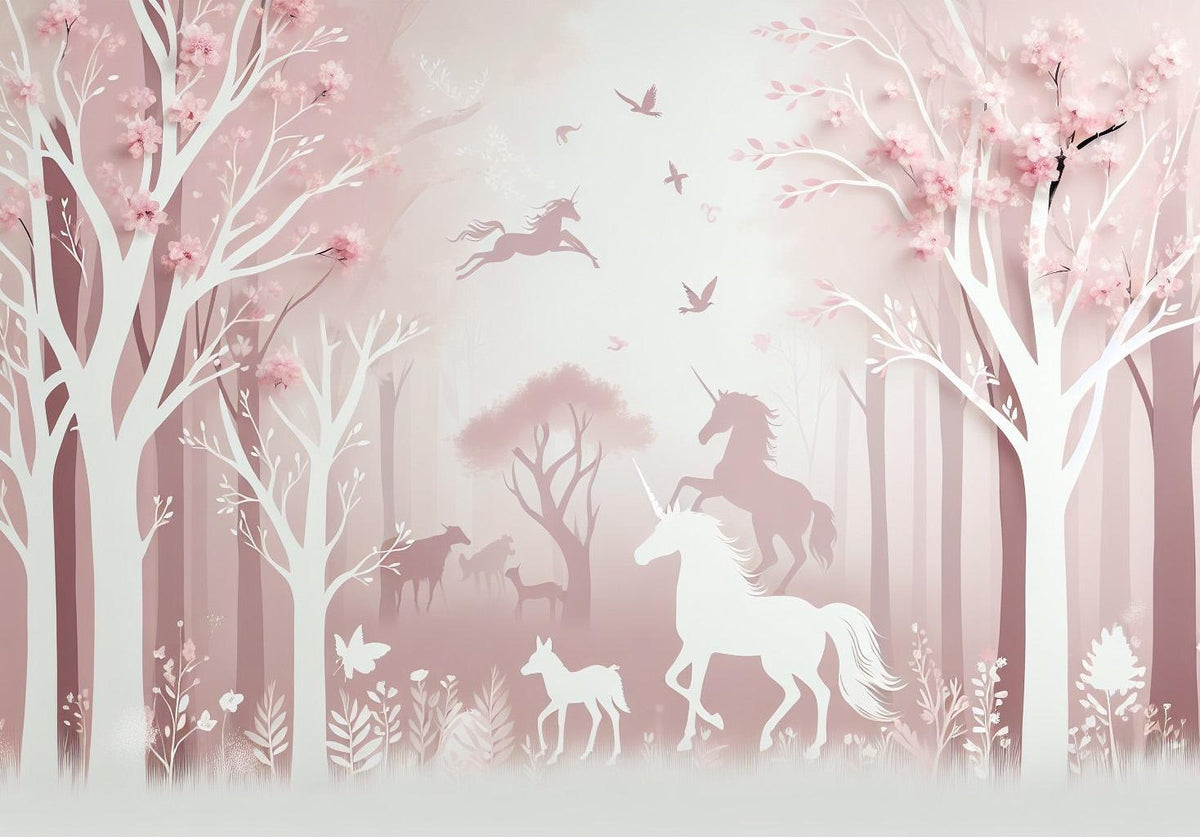 Papier peint licorne forêt rose