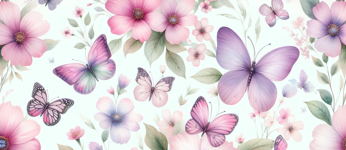Papier peint papillons et fleurs violettes