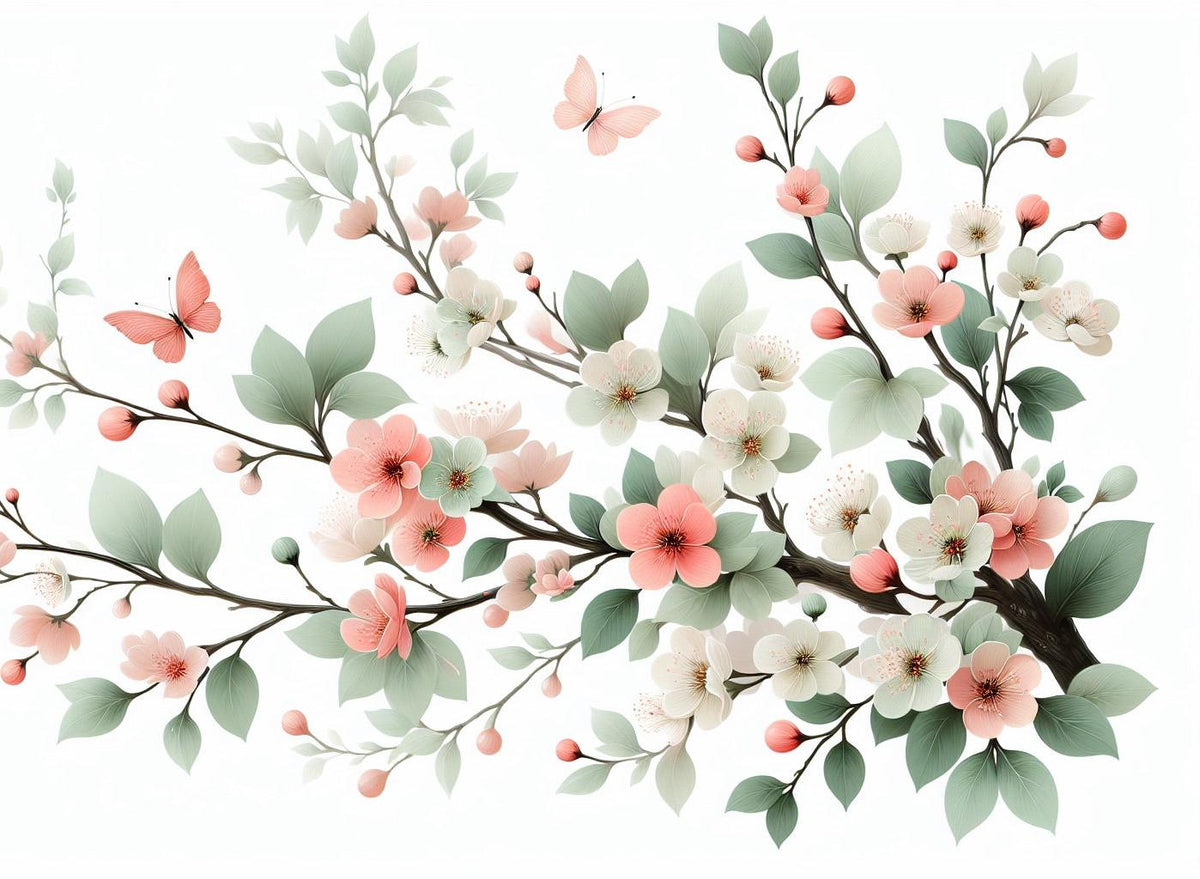 Papier peint papillons et fleurs de cerisier