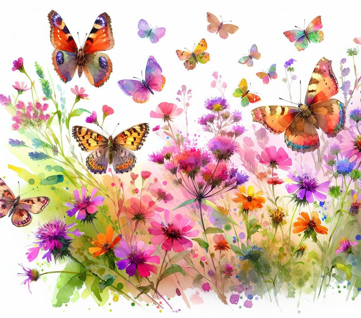 Papier peint papillons fleurs des champs