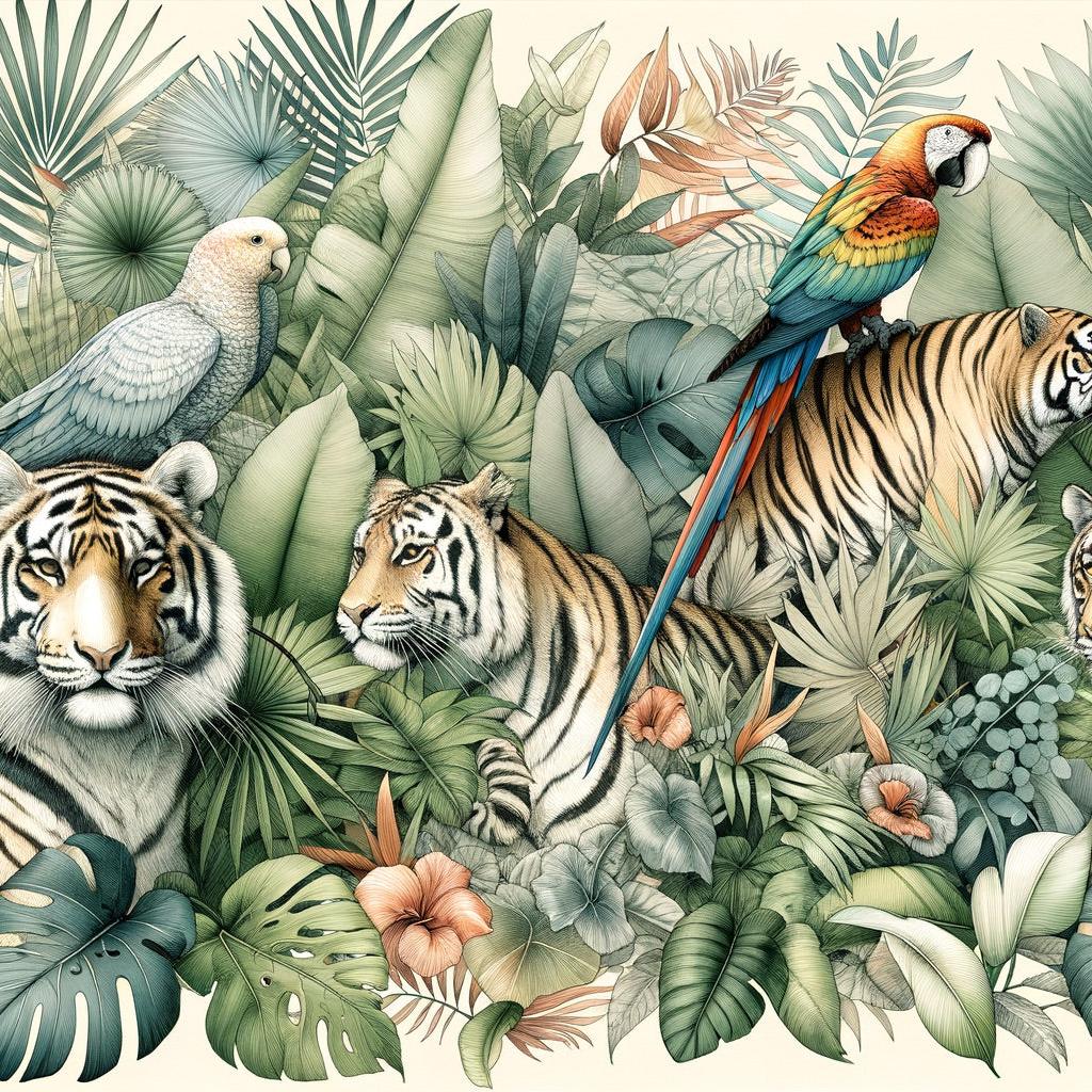 Papier peint jungle tigres et perroquets