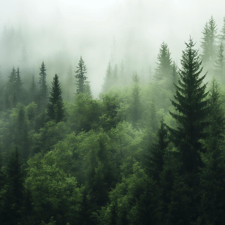 Papier peint sapin forêt nordique brume