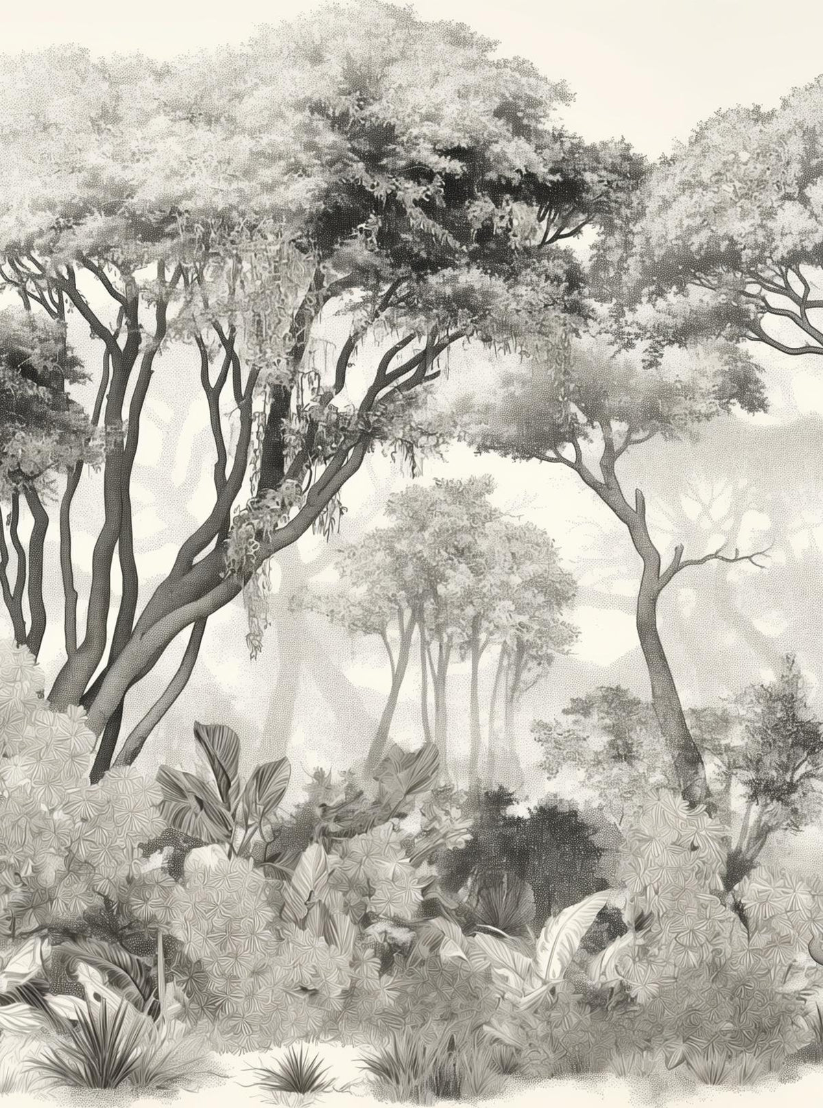 Papier peint éléphant forêt noir et blanc