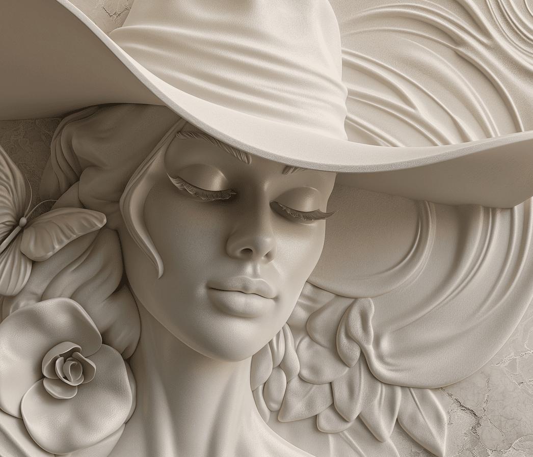 Papier peint trompe-l'œil sculpture femme au chapeau