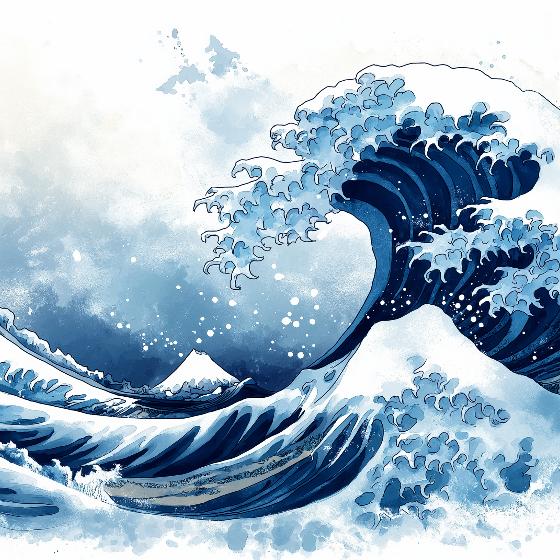 Papier peint vague japonaise bleu et blanc