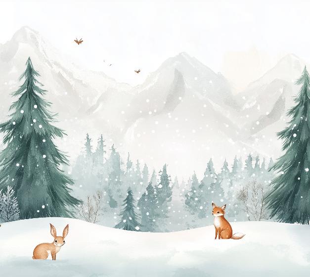 Papier peint enfant animaux forêt enchantée d'hiver