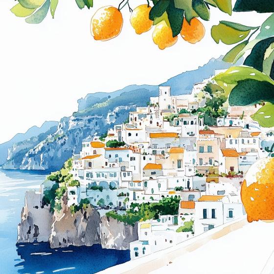 Papier peint méditerranéen citrons et village