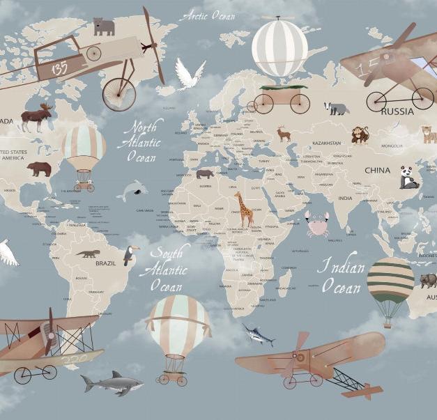 Papier peint carte du monde montgolfières