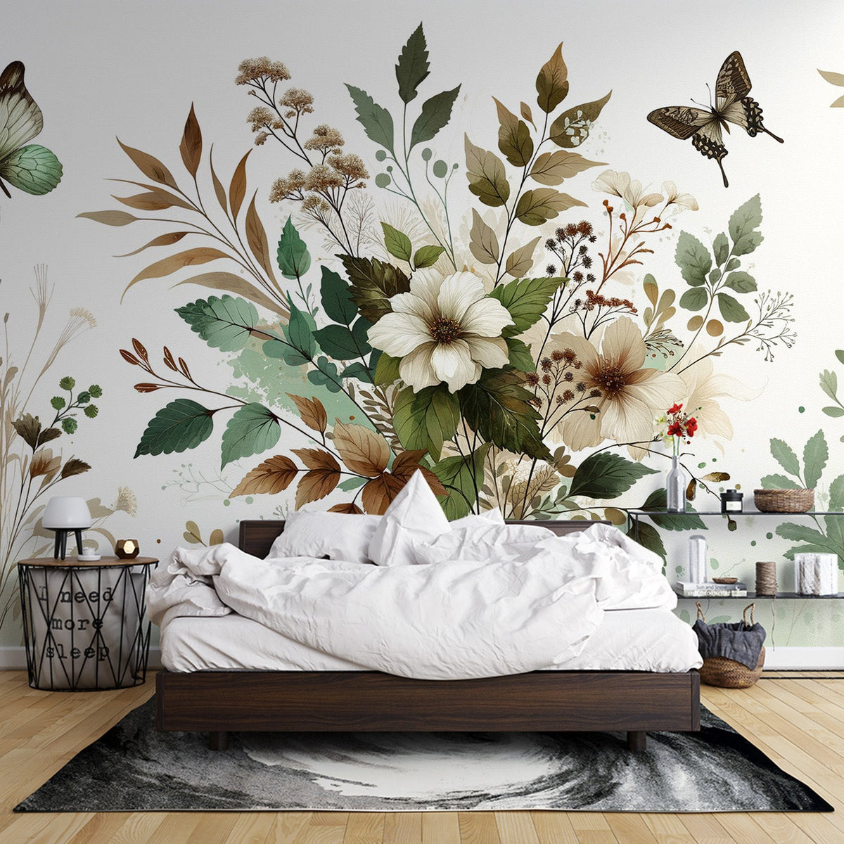 Papier peint papillons vintage fleurs et feuilles