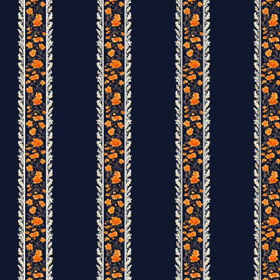 Papier peint floral rayures fleurs orange bleu nuit