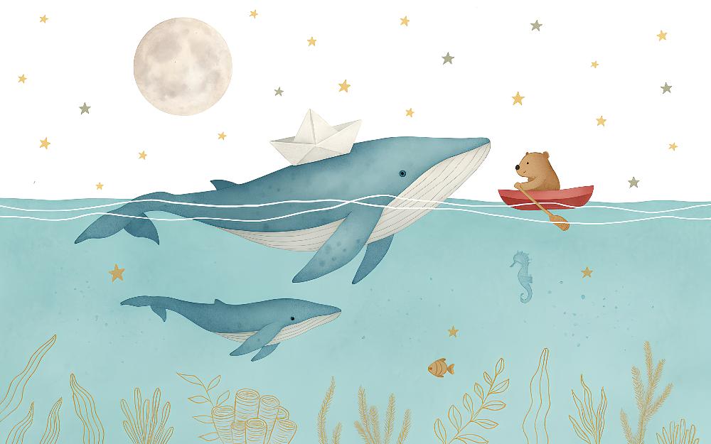 Papier peint animaux marins baleines et oursons