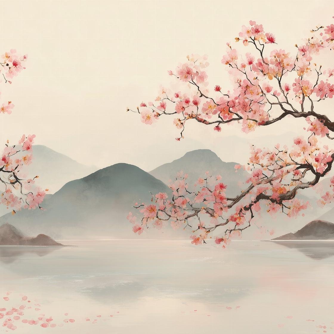 Papier peint paysage japonais cerisiers
