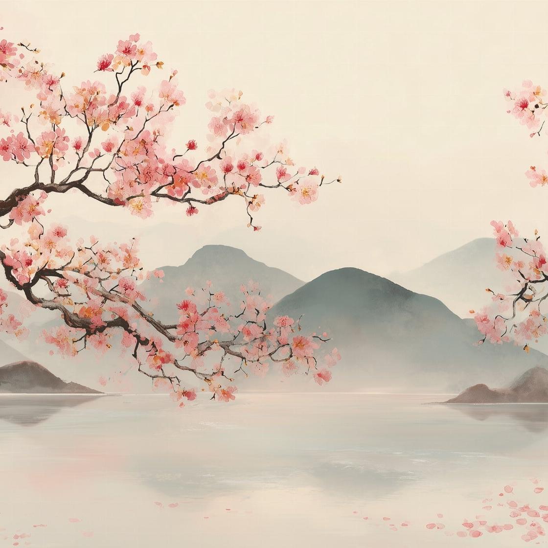 Papier peint paysage japonais cerisiers