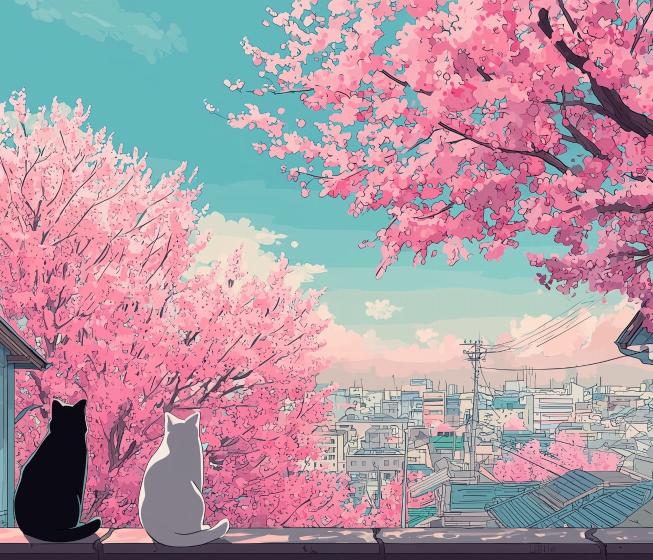 Papier peint sakura paysage de cerisiers en fleurs