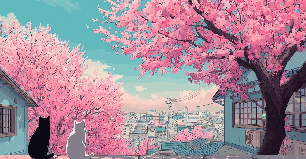 Papier peint sakura paysage de cerisiers en fleurs