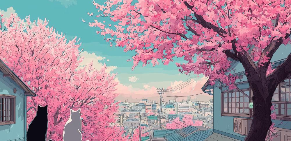 Papier peint sakura paysage de cerisiers en fleurs