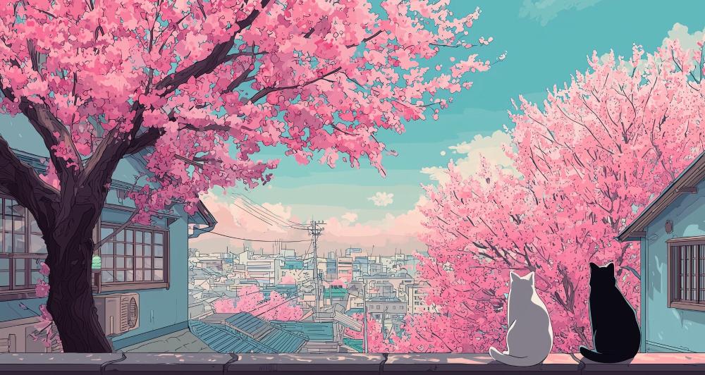 Papier peint sakura paysage de cerisiers en fleurs