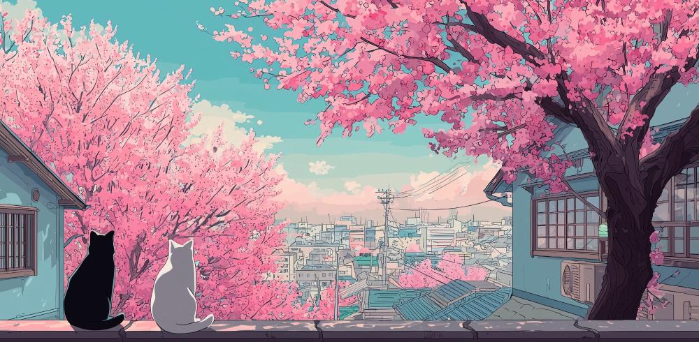 Papier peint sakura paysage de cerisiers en fleurs