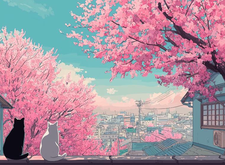 Papier peint sakura paysage de cerisiers en fleurs