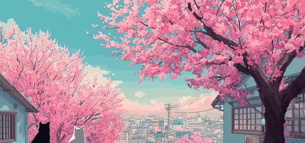 Papier peint sakura paysage de cerisiers en fleurs