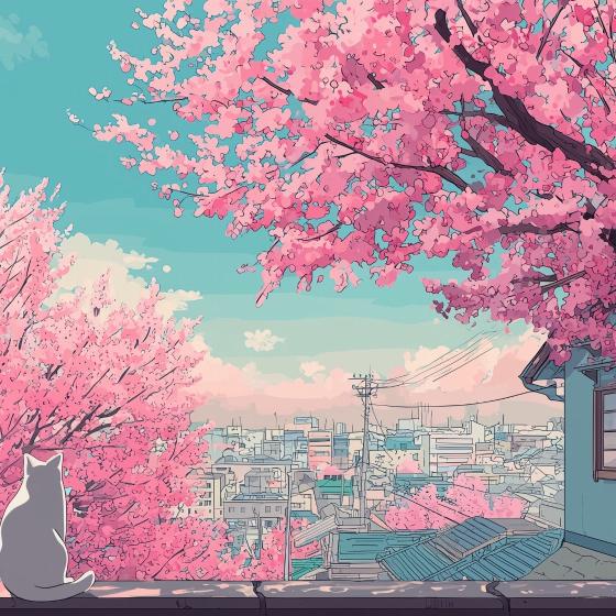 Papier peint sakura paysage de cerisiers en fleurs