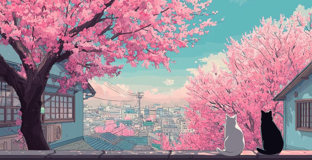Papier peint sakura paysage de cerisiers en fleurs