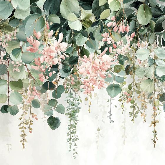 Papier peint feuillage floral rose et vert