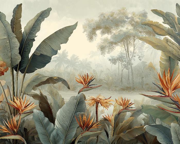 Papier peint tropical fleurs exotiques