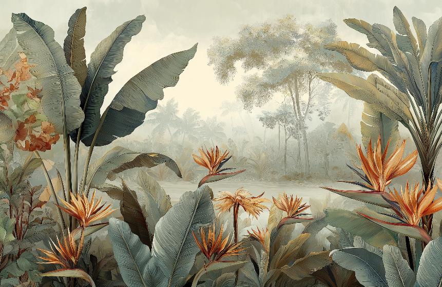 Papier peint tropical fleurs exotiques