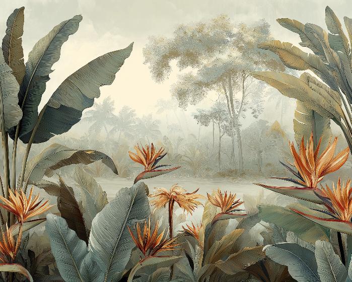 Papier peint tropical fleurs exotiques