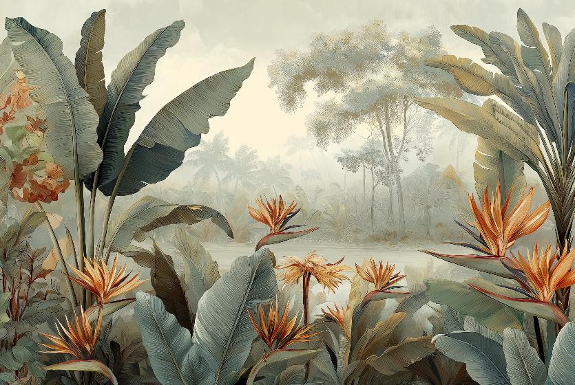 Papier peint tropical fleurs exotiques