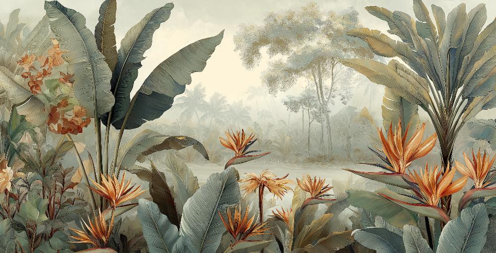 Papier peint tropical fleurs exotiques