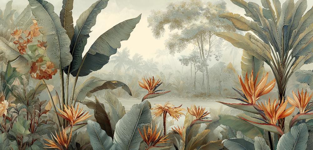 Papier peint tropical fleurs exotiques