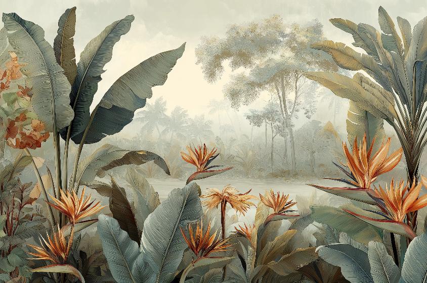 Papier peint tropical fleurs exotiques