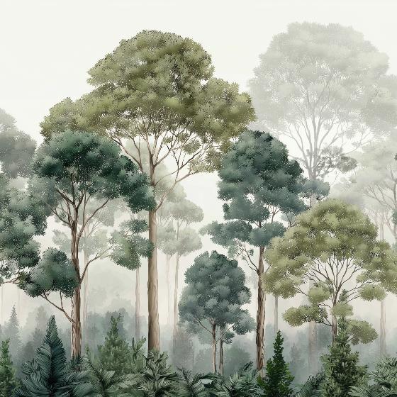 Papier peint forêt brumeuse et feuillage