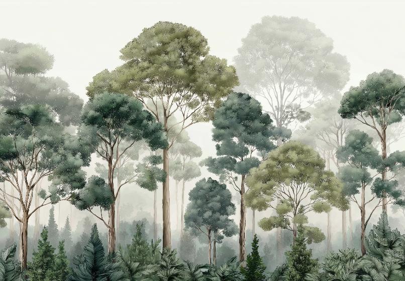 Papier peint forêt brumeuse et feuillage