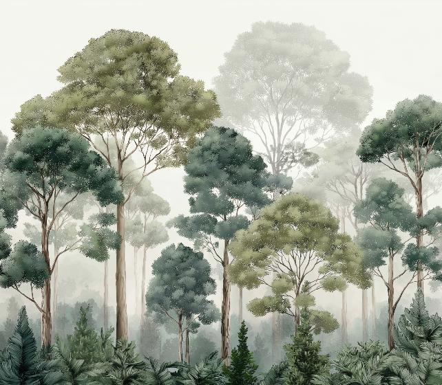 Papier peint forêt brumeuse et feuillage