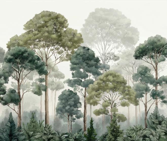 Papier peint forêt brumeuse et feuillage