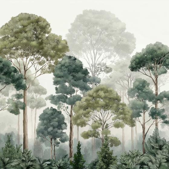 Papier peint forêt brumeuse et feuillage