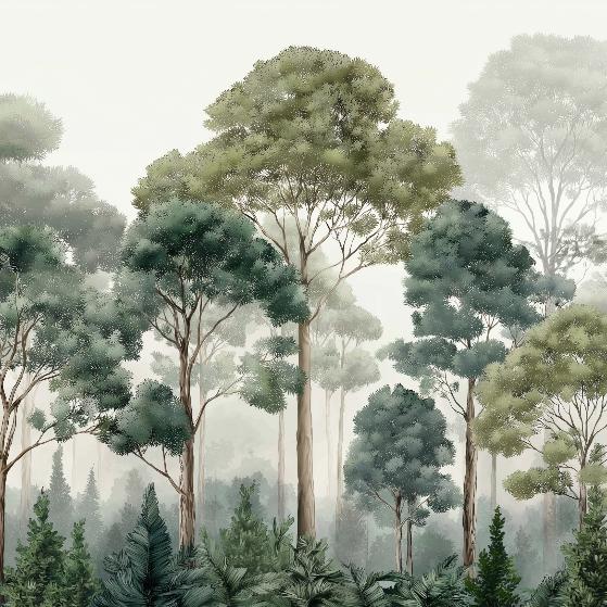 Papier peint forêt brumeuse et feuillage
