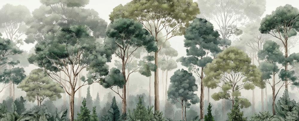 Papier peint forêt brumeuse et feuillage