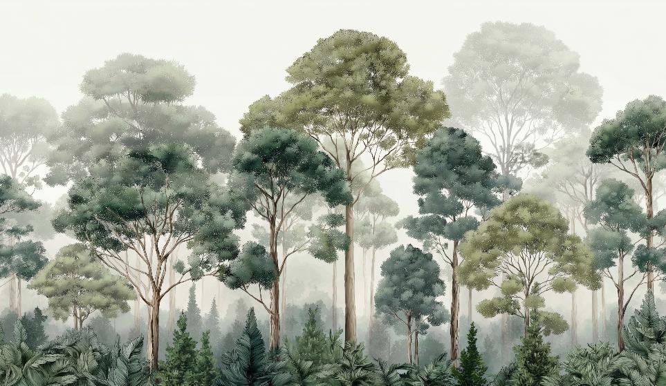 Papier peint forêt brumeuse et feuillage